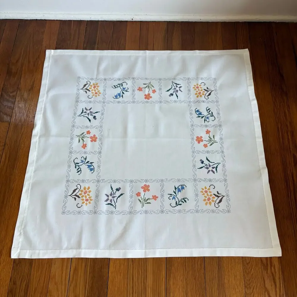 Vintage Cross Stitch Tablecloth Floral Border Heavy Cotton Square